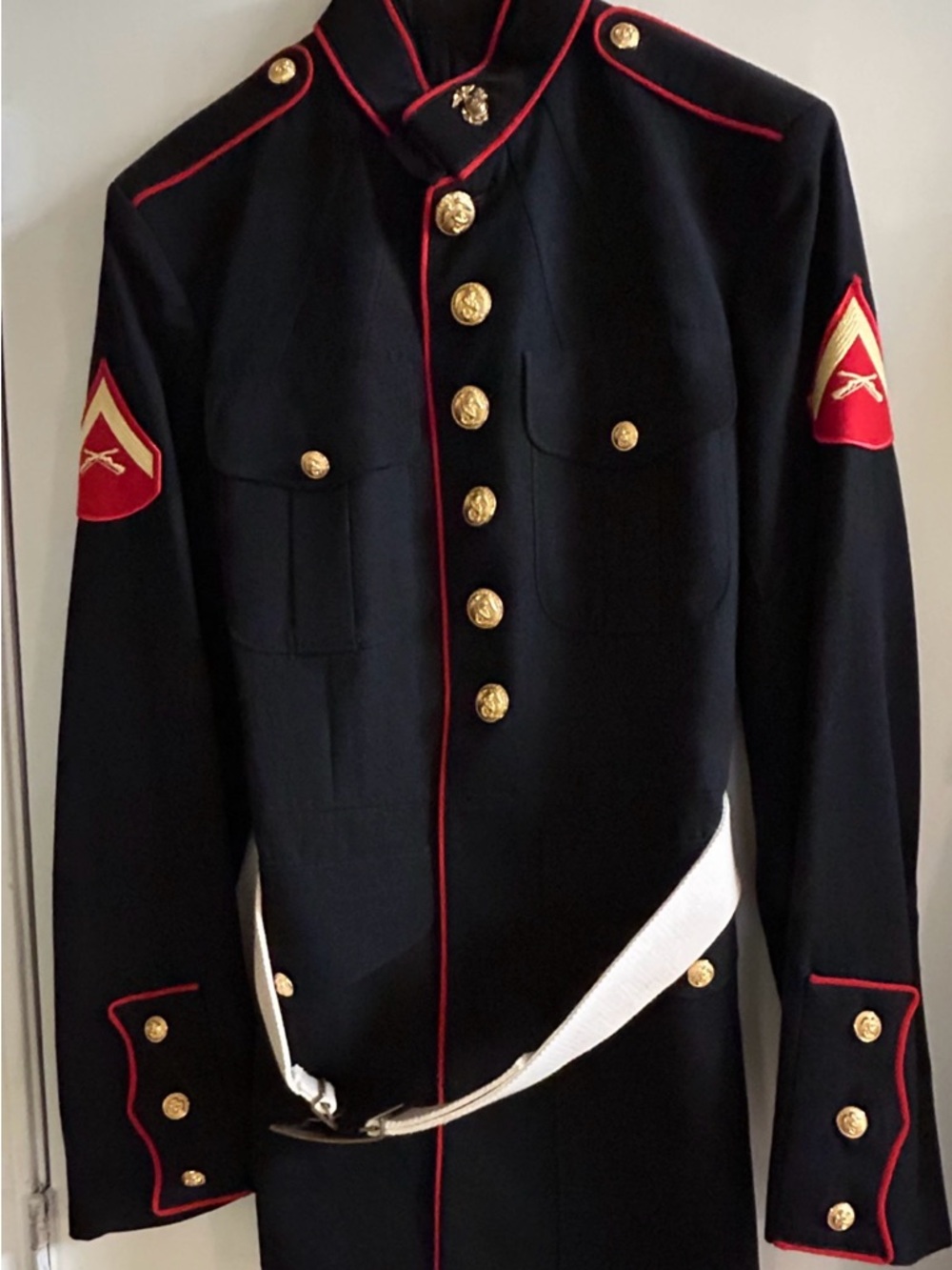 Men's Black Military-Style Dress Jacket with Red Piping